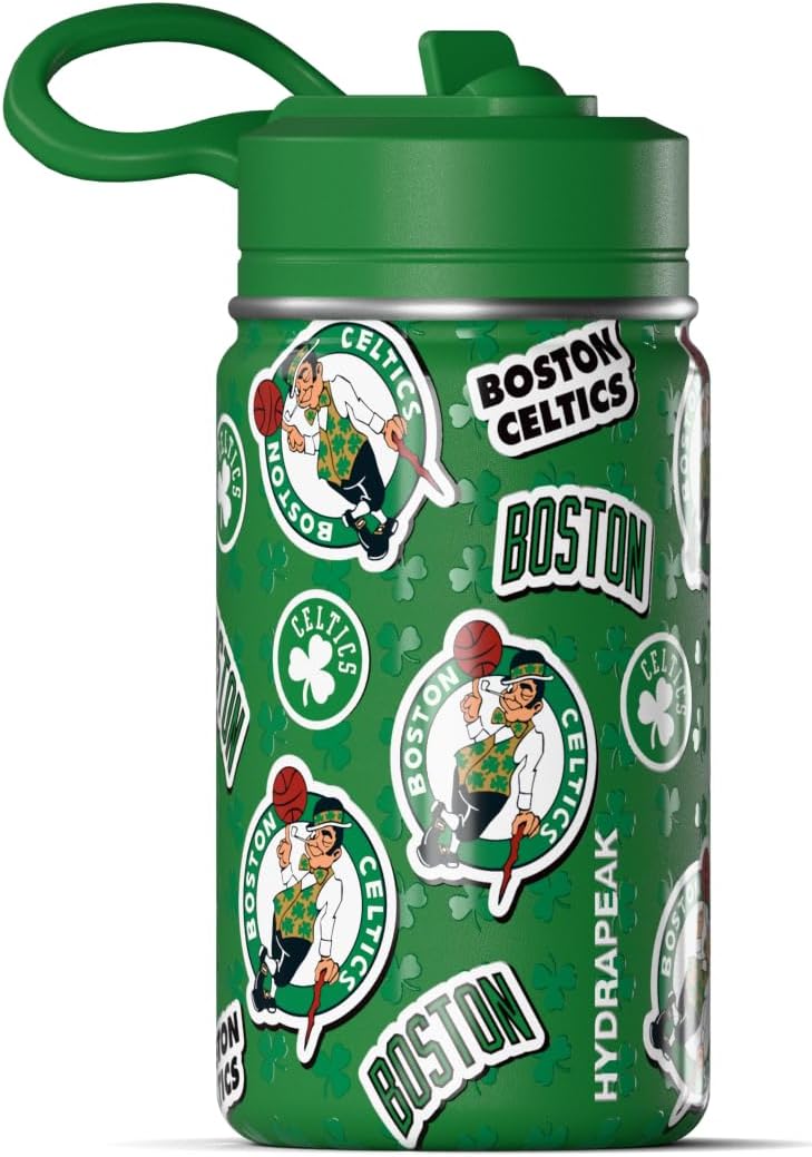 Hydrapeak x NBA Officially Licensed Boston Celtics 14oz Mini Kids Water Bottle with Straw Lid and Handle Reusable Stainless Steel Double Wall Insulated Spill Proof Sports Gift for Boys Girls - Image 1